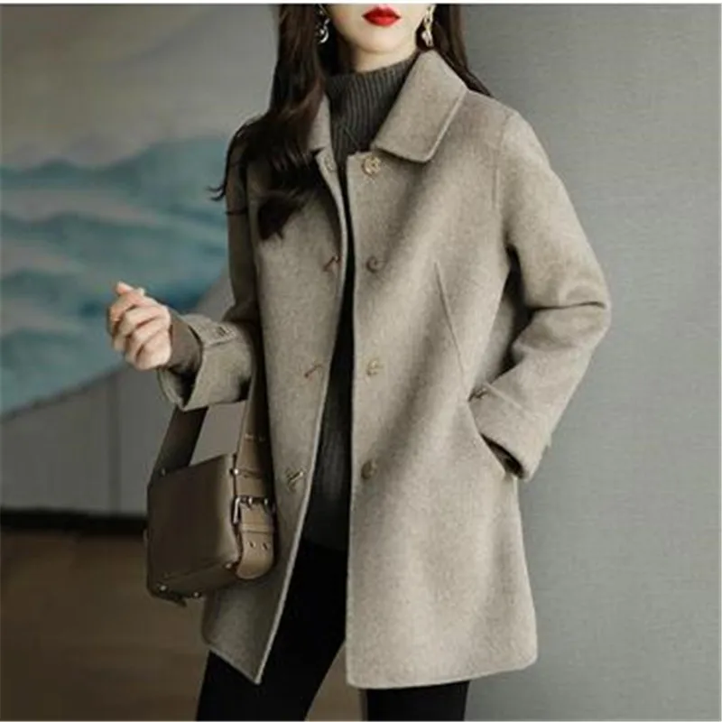 

Woolen Coat Slim Fashion Office Lady Square Collar Single Breasted Winter Coats for Women 2023 Wide-waisted Pocket Black Coat