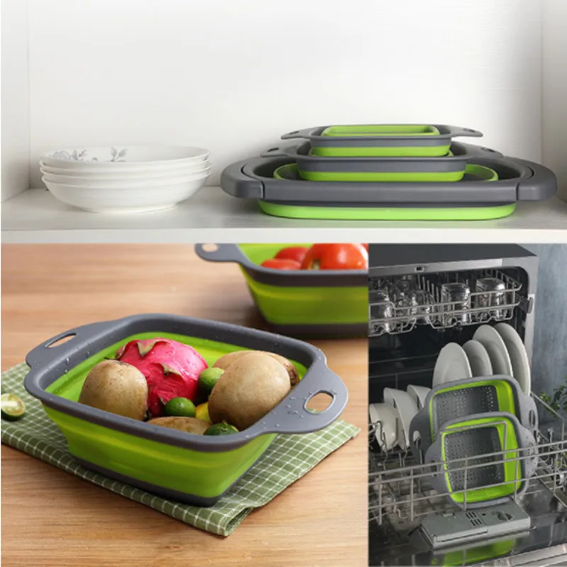 Дренажная корзина складная силиконовая для мытья фруктов и овощей складной