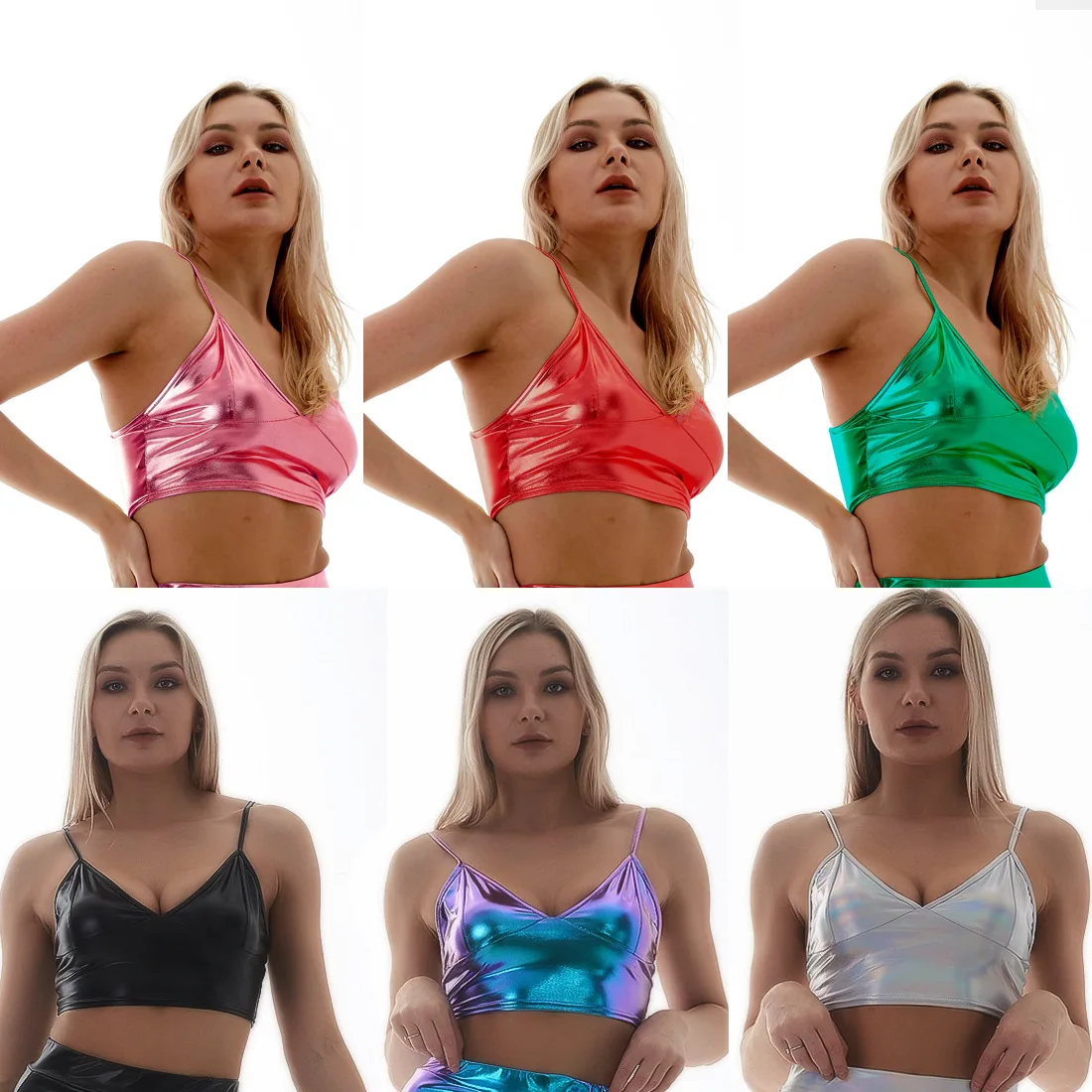 

Women Metallic Multiple Colour Shiny Camisole Crop Top Vest Fashion Pu Leather Pole Dancing Bra Tank Tops Clubwear