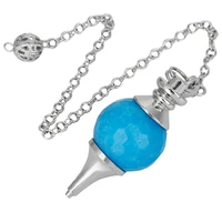 sunyik faceted sky blue agate stone ball pendant healing chakra dowsing reiki pendulum with chain