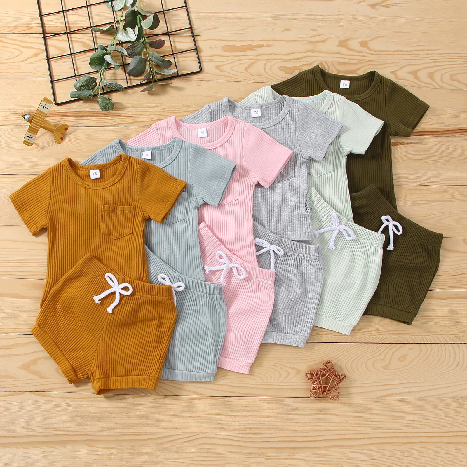 

Kids Boutique Outfit Tracksuit Set Summer New Born Baby Clothes Set Casual Toddler Boys Girls Short Sleeve Ribbed T Shirt+Shorts