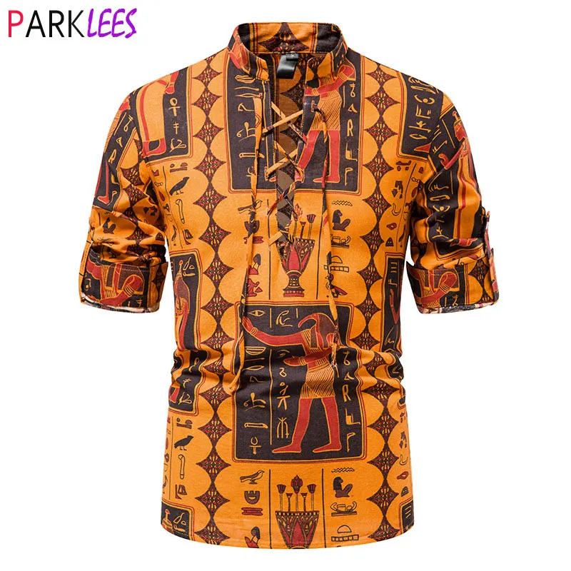 

Mens African Dashiki Print Lace Up Cotton Linen Shirt Stand Collar Roll Sleeve Shirt Men Retro Hippie Beach Shirt 70s Matching