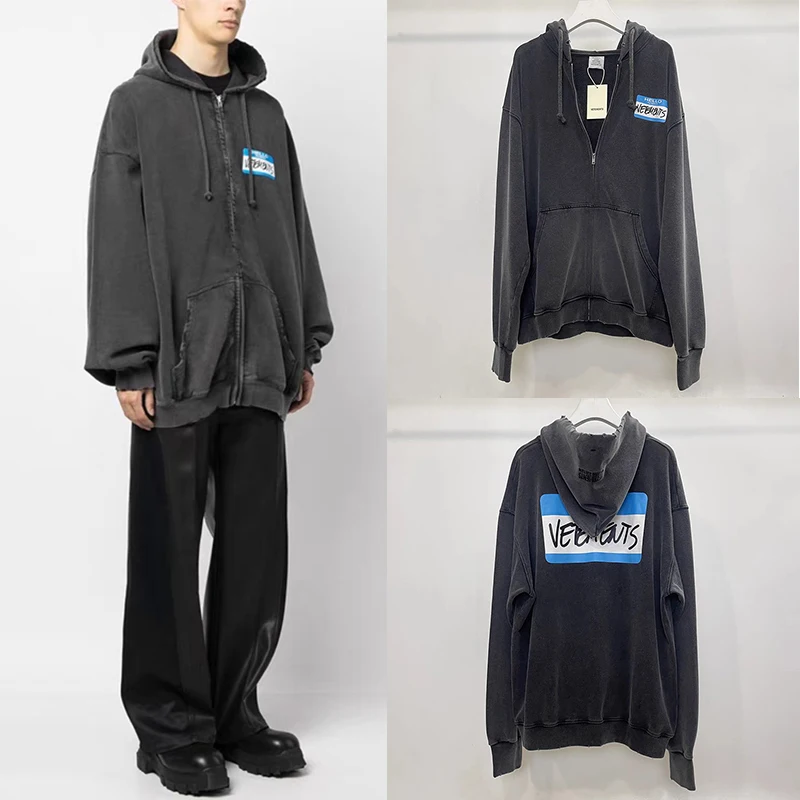 

23FW Vetements Hoodies Unisex 1:1 Blue Label Print Streetwear Zipper Drawstring Pocket Washed Black VTM Hooded Sweatshirts Coat