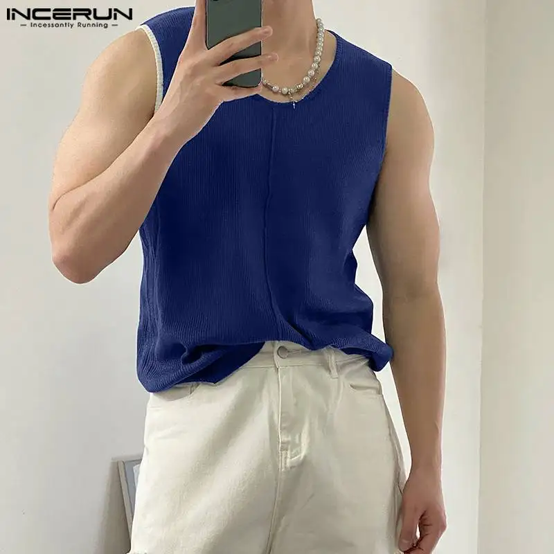 

2023 Men Tank Tops Patchwork O-neck Sleeveless Korean Style Vests Streetwear Loose Stylish Casual Men Clothing S-5XL INCERUN