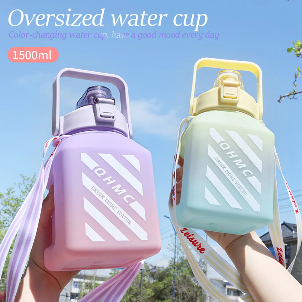 

1.5L Water Bottle With Straw Time Marker Plastic Water Cup Large Capacity Frosted Outdoor Sports Bottles botella agua 2 litros