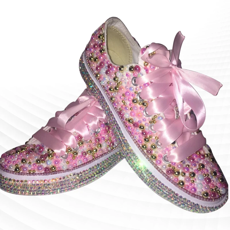 

Pink handmade pearl paste diamond stitching ribbon low-top canvas shoes men and women with the same style 35-46