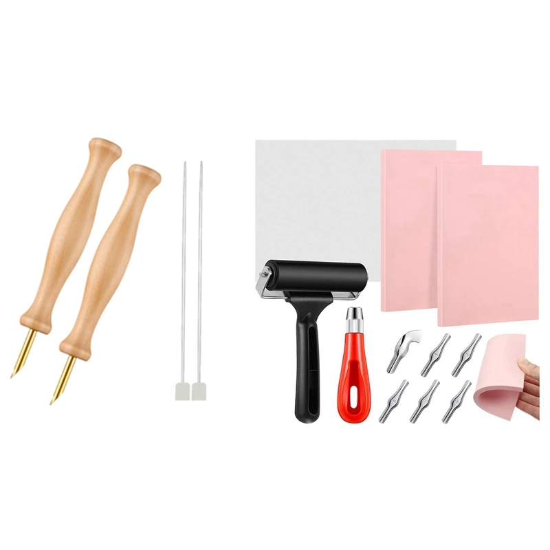 

2 набора игл для перфорации с деревянной ручкой и иглорез и 1 Набор для изготовления резиновых штампов, набор инструментов для печати блоков