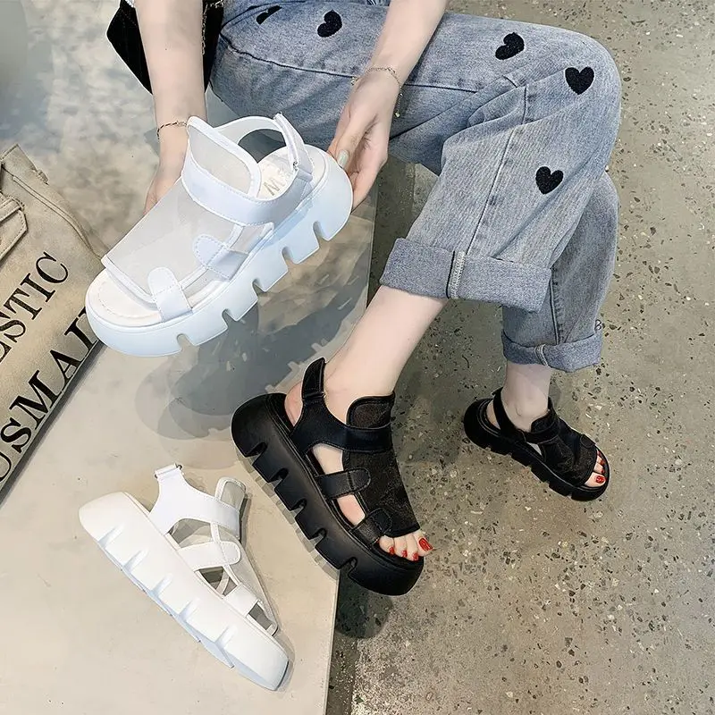 Summer New Fashion Matsuke Sandals Women's Thick Sole Hollow Breathable Mesh Roman Sandals Flat Bottom