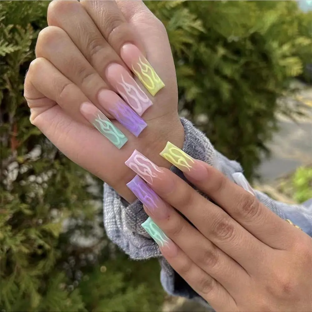 

Nail Tips Manicure Press on Nails Crushed Crystal Full Cover Gradient Ballerina Long French Fake Nails Flame Rainbow