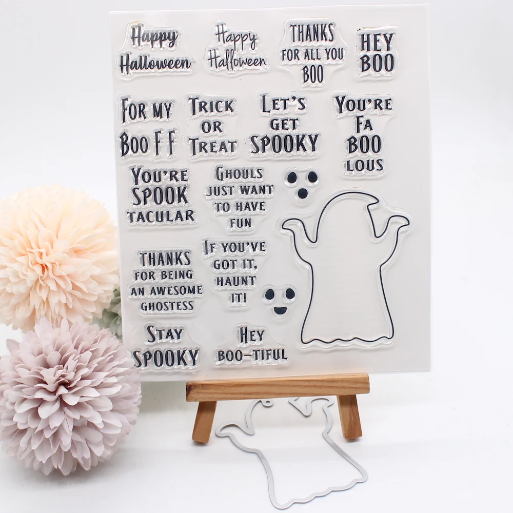 

KSCRAFT Halloween Ghost Tags Transparent Clear Silicone Stamp and Cutting Dies for Scrapbooking/Card Making Craft Fun Decoration