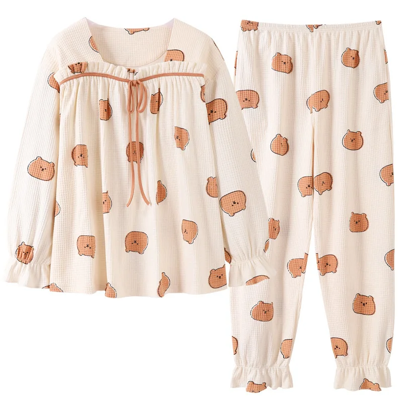 Women's Pajamas Spring Autumn Waffle Long Sleeves Sleepwear Set 2023 New Ruffled Sweet Housewear Clothes Pyjamas Female