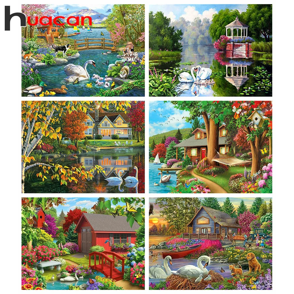

Huacan Full Diamond Embroidery Cross Stitch Swan House 5d Gift Diamond Painting Mosaic Animal Lake Decor Home