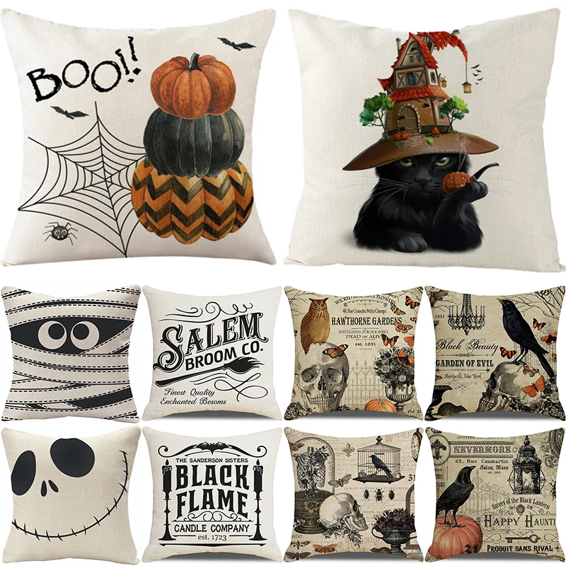 

Halloween Cushion Cover 45x45cm Linen Pillowcase Trick or Treat Home Sofa Decorative Throw Pillow Case Party Decor Pillow Covers