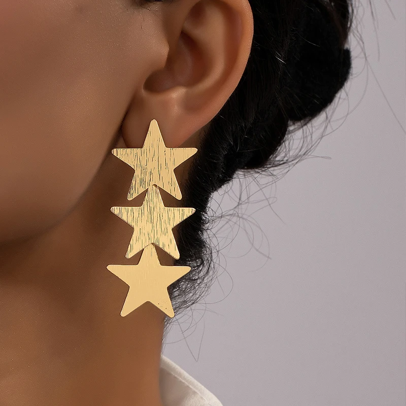 Fashionable Metallic Pentagrams Scratches Design Earrings Star Shaped Metal Flake Dangle&Drop Earrings for Female Popular Jewelr