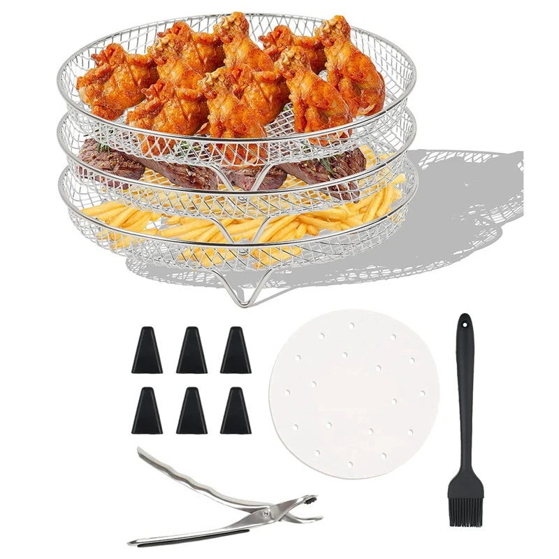 

Heightened Round Air Fryer Rack Silver With Oil Brush, Clips Air Fryer Accessories