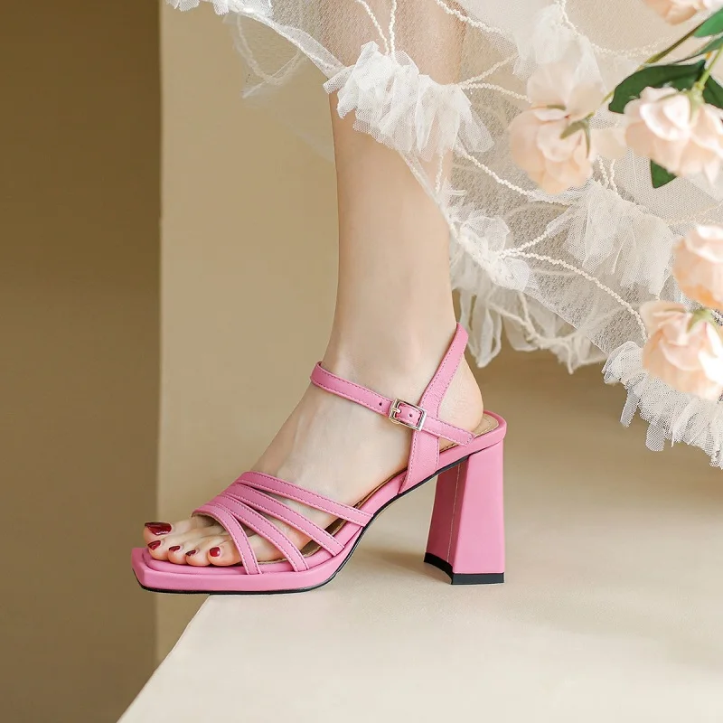 

Summer Sandals Peep Toe Ladies Daily Shoes Super High Heel 8.5 CM Square Heel Outwear Buckles Shoes Sheepskin Elegant Sandals