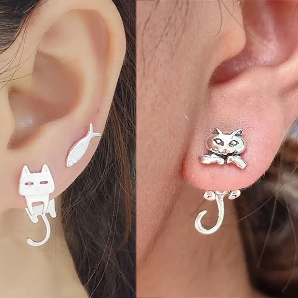 

Cute Cat Earrings for Women Men Funny Animal Stud Earrings Cat Fish Asymmetric Ear Piercing Jewelry Gift