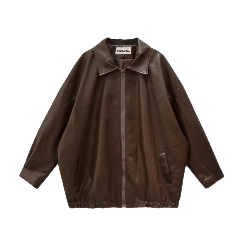 

Y2K New PU Leather Jackets Women Moto Biker Coats Zipper Turn-down Collar Jacket Pockets Streetwear Harajuku Loose Outerwear