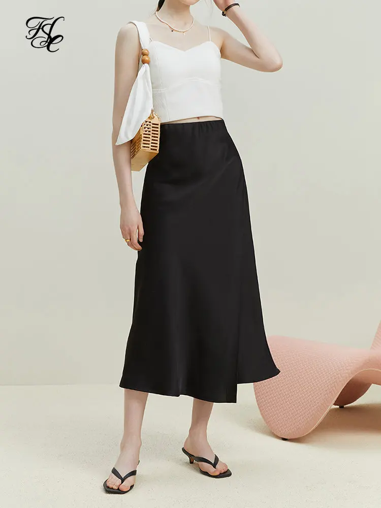 

FSLE Office Lady Temperament Black Long Mermaid Skirts Summer Satin Irregular Skirt 2023 New Elastic High Waist Solid Bottoms