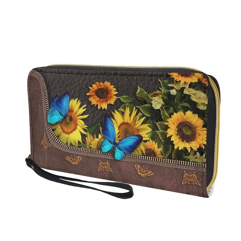 Belidome Butterfly Sunflower Women Cute Wallets Travel Wristlet PU Leather Zip Around Long Purse Credit Card Holder Clutch Bag