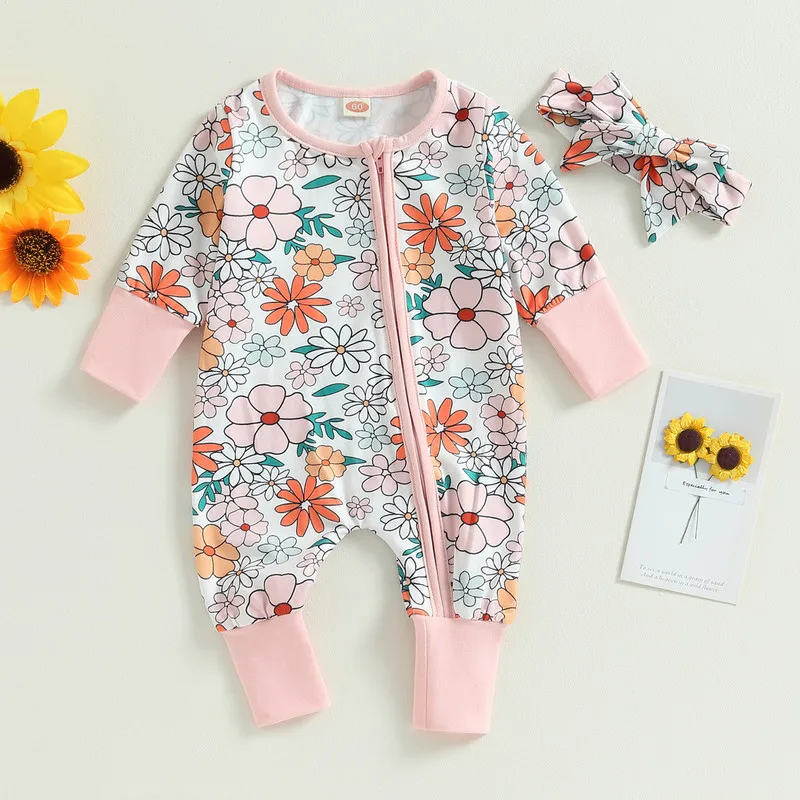 

Infant Baby Girl Rompers Autumn Clothes Daisy Flower Long Sleeve Jumpsuits Newborn Jumpsuit with Headband Baby Items Clothing