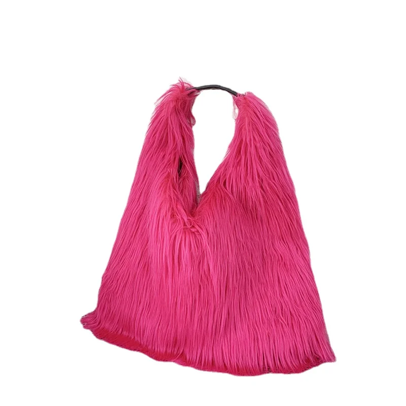 Winter Women Faux Fur Bag Solid Color Long Plush Tote Bag Candy Color Soft Fluffy Shoulder  Bag Date Shopping Handbag Sac A Main