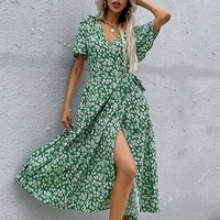 dress summer womens fit printed green dress high waist short sleeve slim new 2022