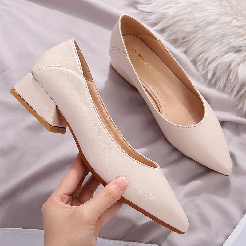 

42 43 Size Chunky Office Ladies Single Shoes Woman All-match Pointed Toe Leather Loafers Casual Slip-on Lazy 2 Ways Mules Slides