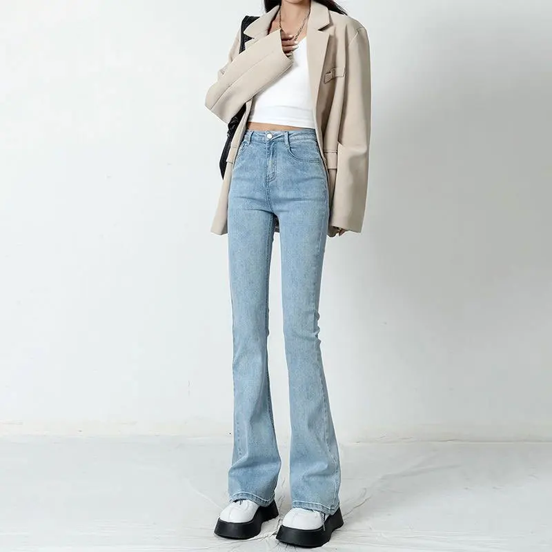 Gasparine Women Skinny Pencil Jeans Korean Fashion High Waist Slim Fit Casual Elastic Denim Pants Elastic Female Flare Trousers