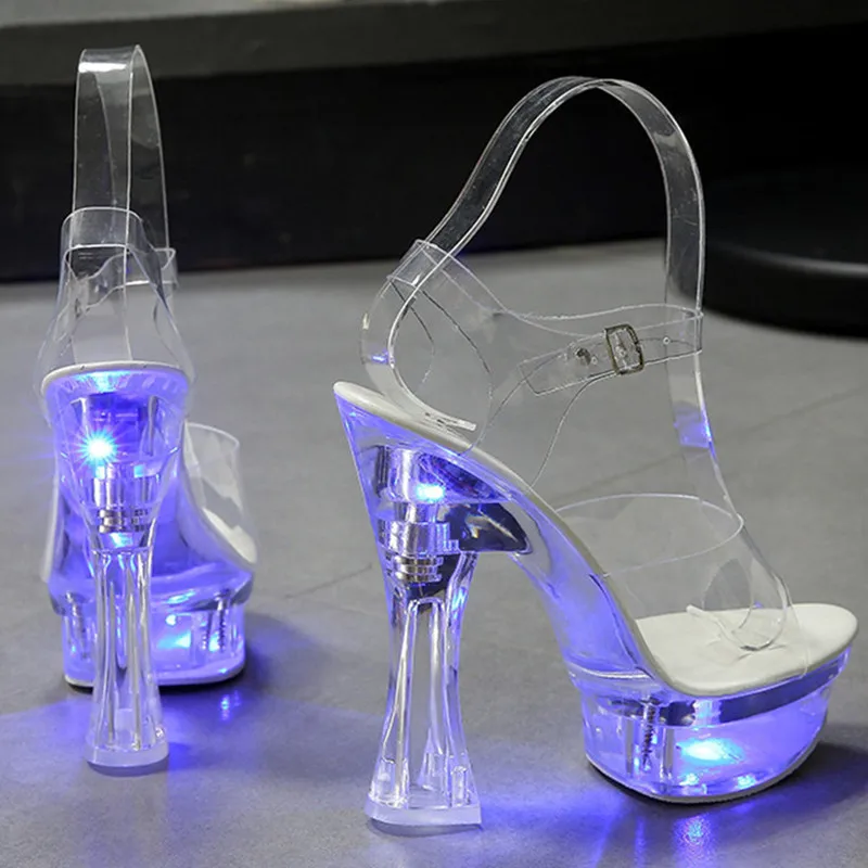 Zapatos brillantes para mujer, sandalias transparentes luminosas con plataforma LED de 14 CM, tacón alto transparente