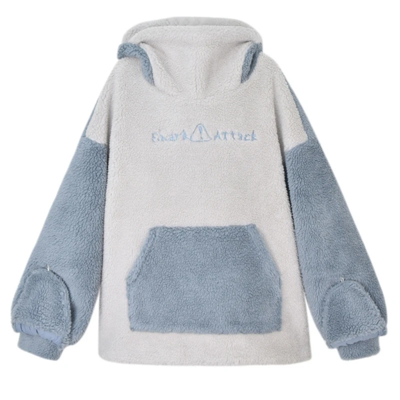 

Женская зимняя Толстая пушистая плюшевая Толстовка в стиле Харадзюку, милые толстовки на молнии с капюшоном в виде акулы, Свободный пуловер большого размера с вышивкой буквами