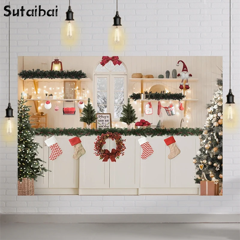 

Photography Christmas Kitchen Backdrop White Wood Cupboard Adult Children Winter Portrait Backgrounds Photo Studio Xmas Tree