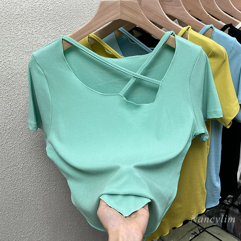 

Женская футболка с коротким рукавом, летняя эластичная облегающая футболка, 2022