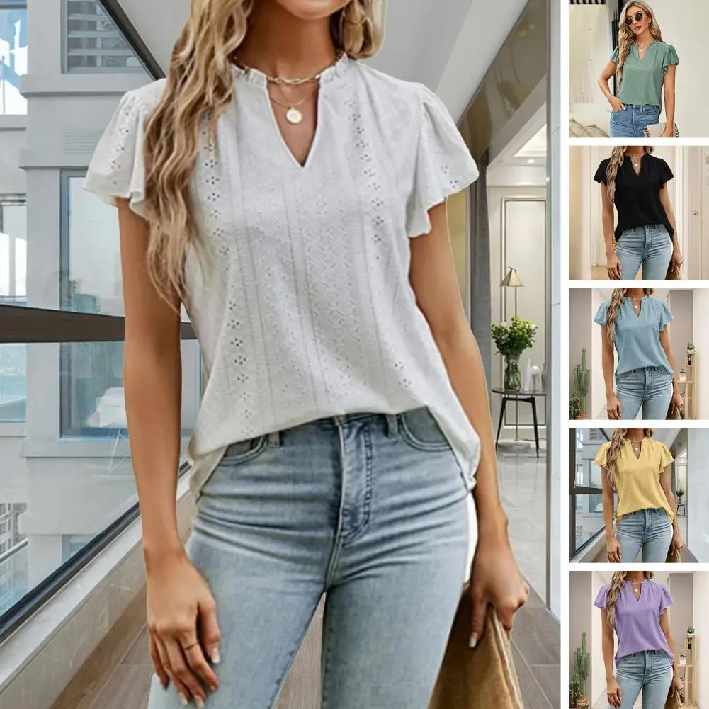 

Women Summer T-shirt Short Sleeves Solid Color V Neck Ruffle Collar Blouse Jacquard Weave Ladies Casual Tee Shirts Basic Top