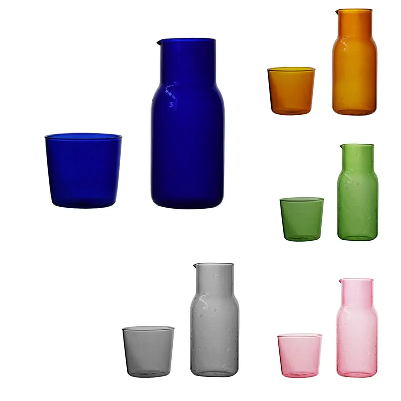 

New Transparent Candy Color Glass Teacup Set Simple Heat-Resistant Drinking Juice Cup With Tea Pitcher Water Bottle