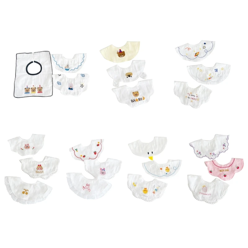 Set of 3 Cartoon Patterned Baby Drool Bib with Delicate Lace