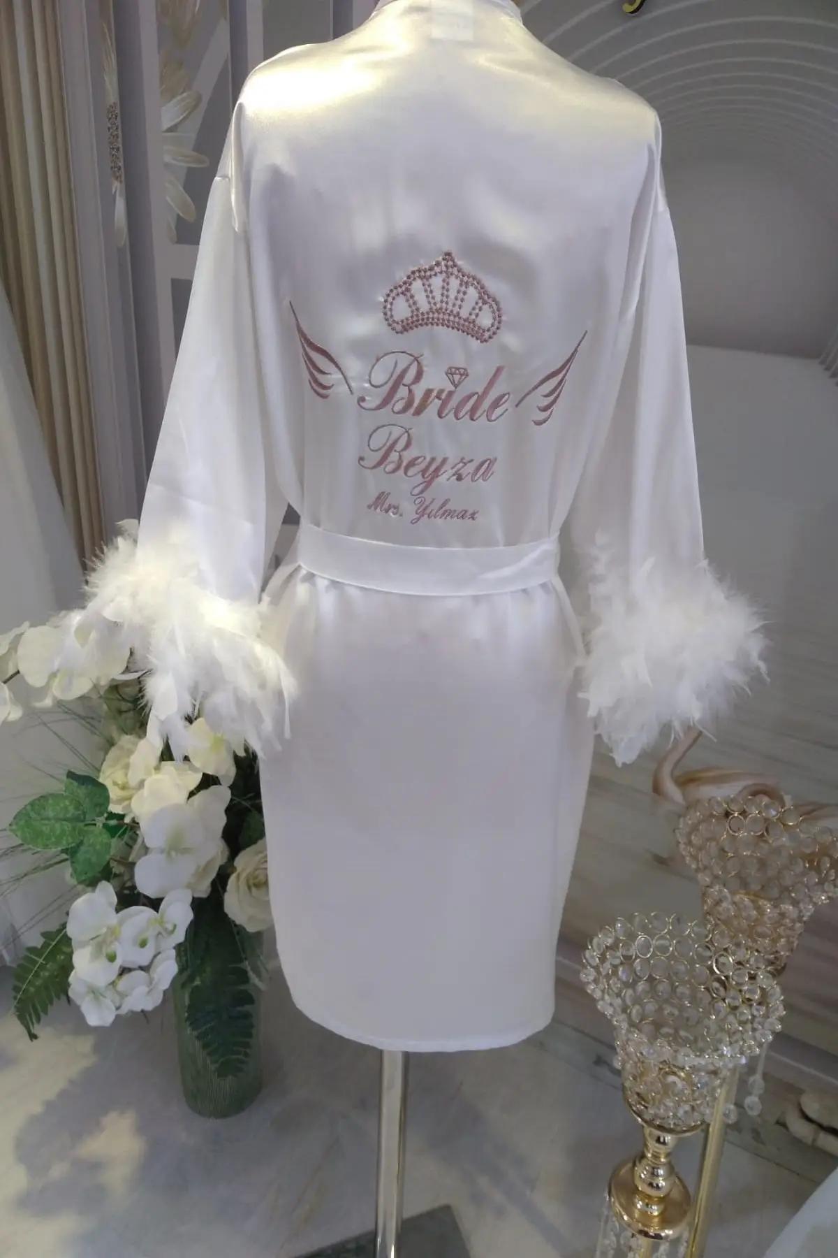 

Dressing Gown Bride-Bride embroidery Otrish Feather Detailed Bathrobe Bride Sleepwear Night Gown Gown