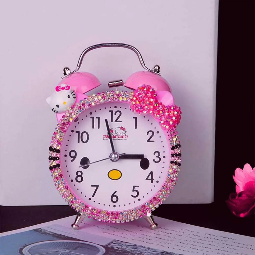 Kawaii Sanrio Hello Kitty Clock Anime Figure Rhinestones Bedside Mute Dormitory Student Child Household Bedroom Gift