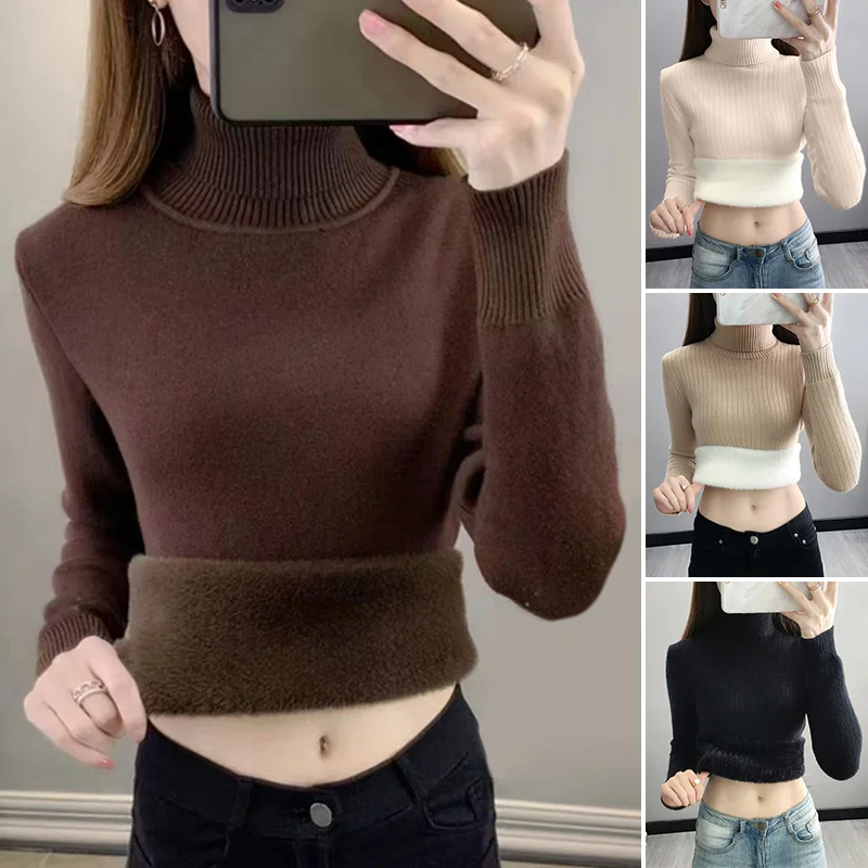 

Winter Turtleneck Women Sweater Warm Slim Long Sleeve Jerseys Tops Thicken Soft Knitted Jumper Korean Basic Pullover Plush Lined