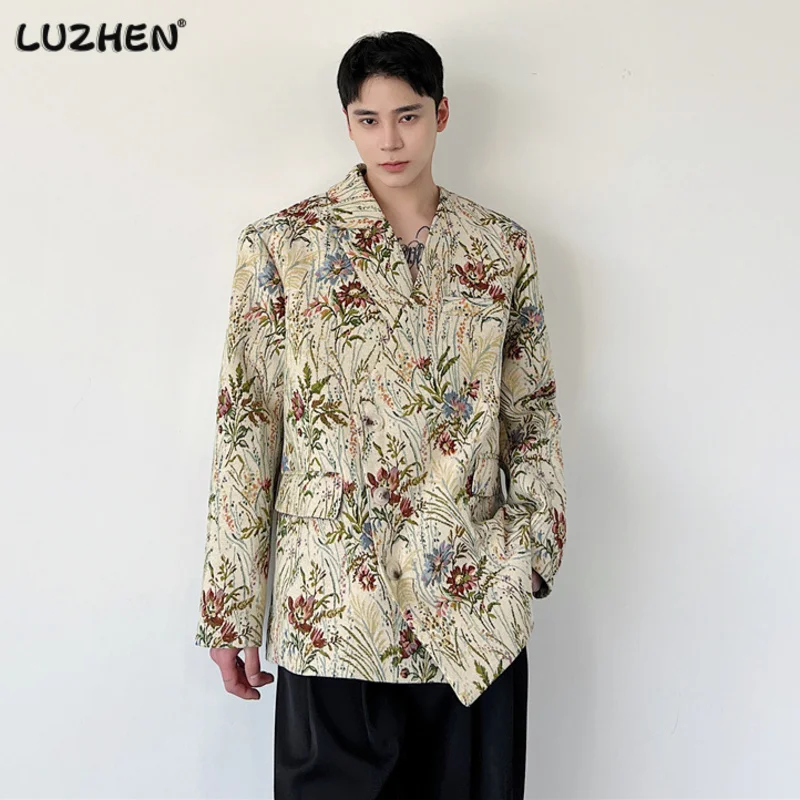 

LUZHEN 2023 Trendy Original Personality Floral Print Niche Design Men's Blazer Jacket Asymmetric Shoulder Pad Male Suit 3cb11b