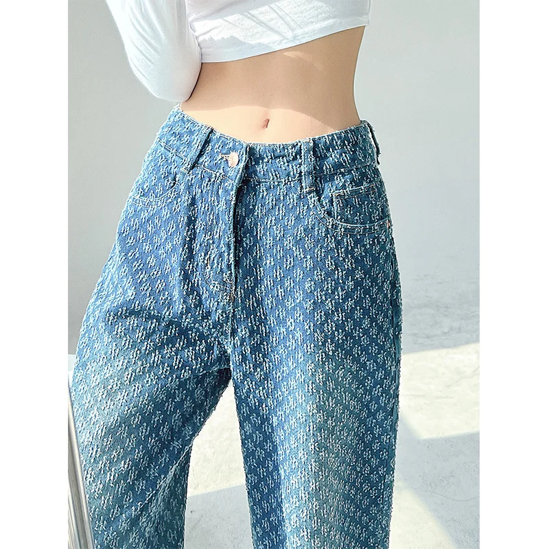 

Summer Trend Sweet New Retro High Street Print Pattern Straight Jeans High Waist Slim Gradient Thin Women's Clothing 58ZN