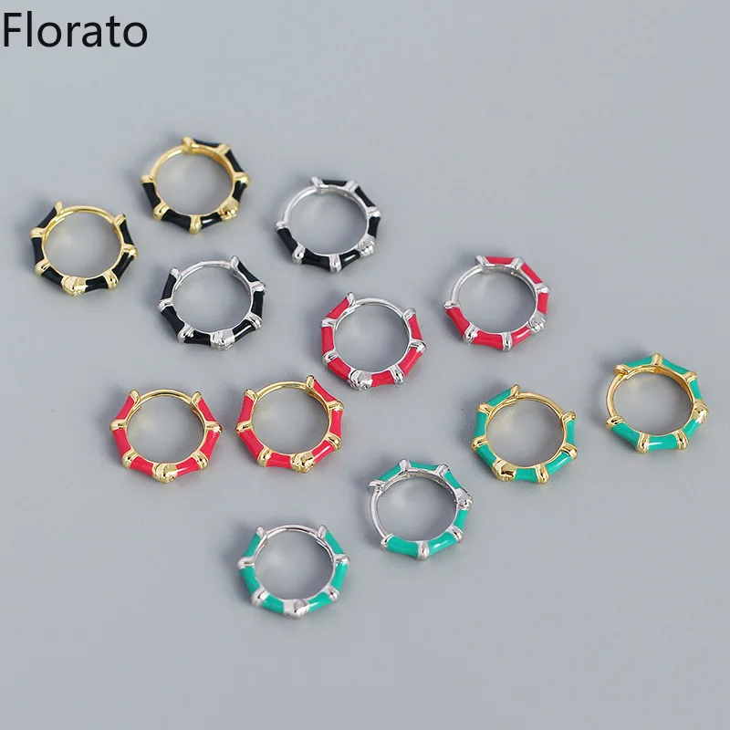 

Florato European/American fashion ins drip oil enamel hoop earrings s925 silver bamboo type retro ear buckle silver earrings
