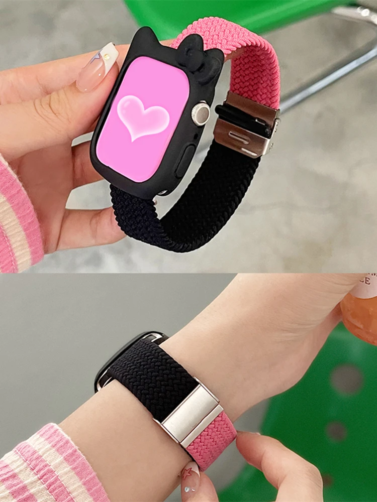 

Cartoon Cute Bowknot Silicone Case Stretch Woven Nylon Band For Apple Watch 38mm 40mm Cover Strap For iWatch 42mm 44mm Correa
