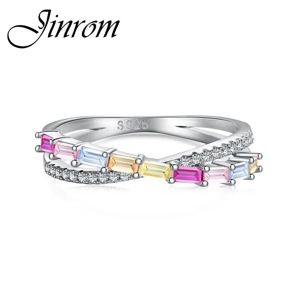 

Jinrom S925 Sterling Silver Ring Color Zircon Inlay Fashionable and Versatile Temperament Geometric Winding Ring for Woman