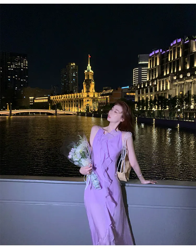 

Fairy Chiffon Dress Sexy backless Ruffle suspender skirt fishtail skirt