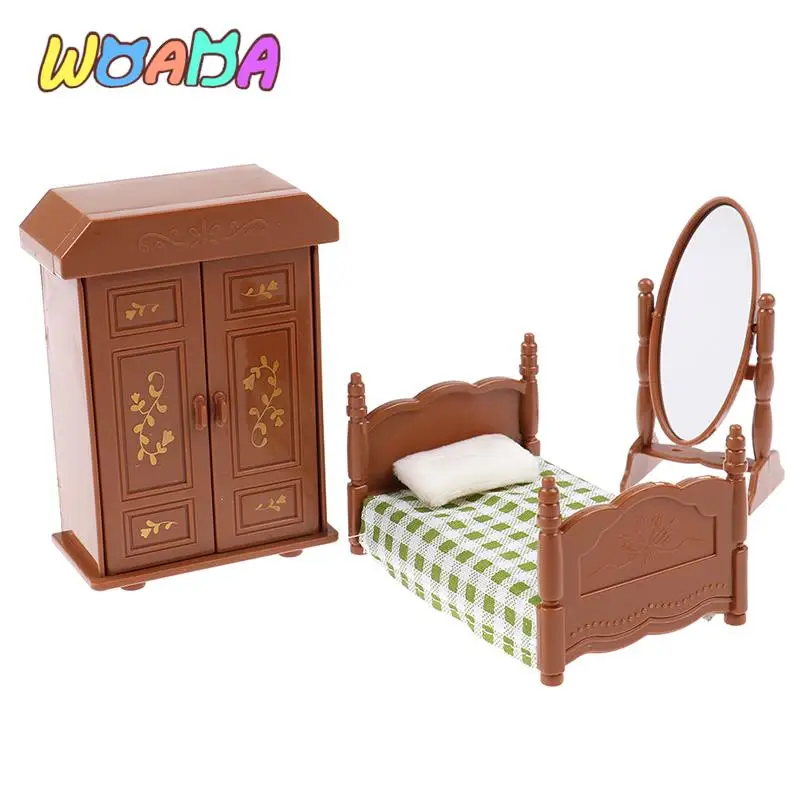 3Pcs/set  1:12 Scale Dollhouse Miniature Furniture Bedroom Set Bed Dresser Mirror Cabinet Model Pretend Play Toy images - 6
