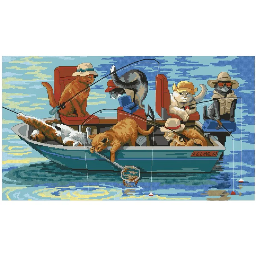 

MM High Quality Lovely Beautiful Counted Cross Stitch Kit Catch of the Day Fishing Cat Kitten Boating dim 00321