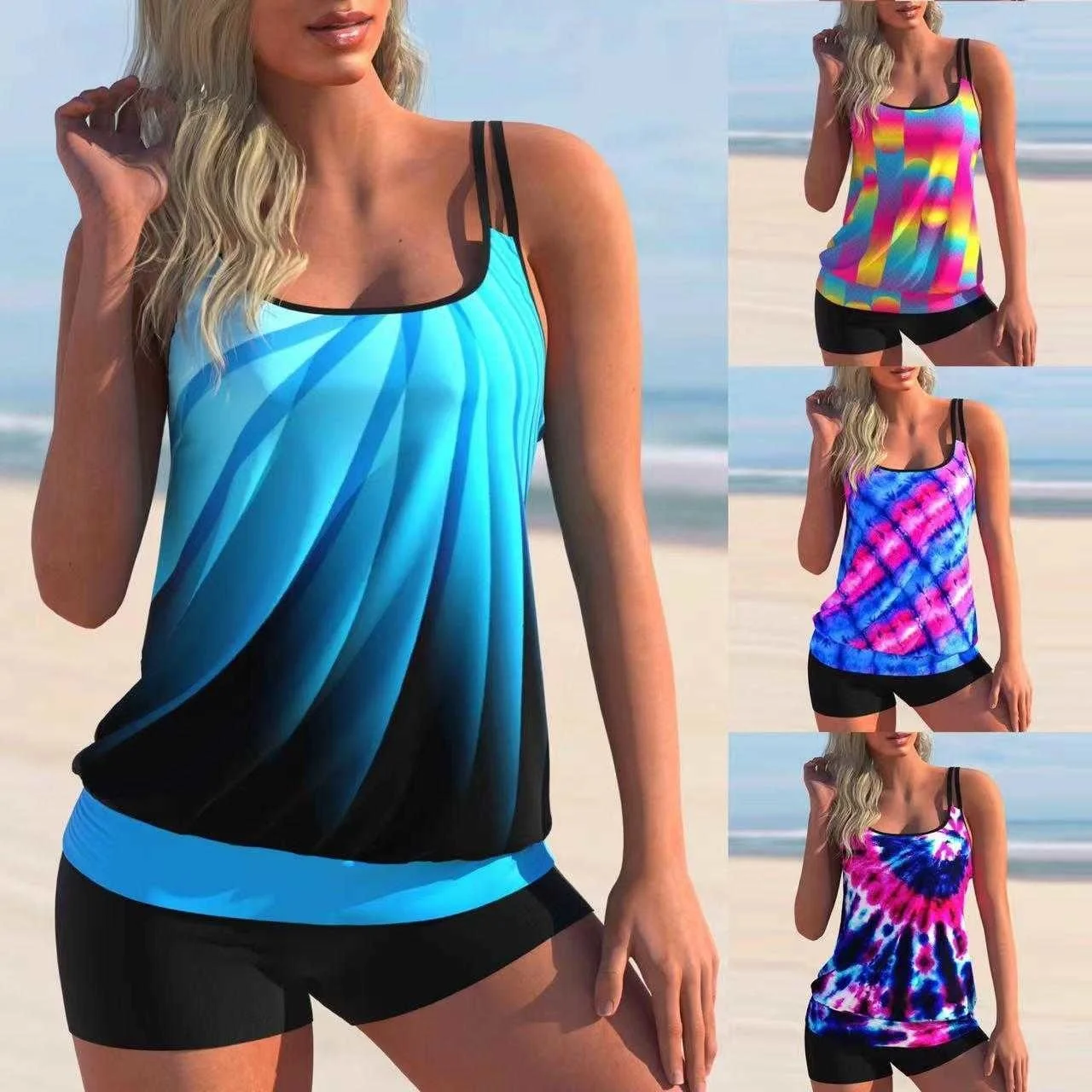

Plus Size Split Bikini Colorful Gradient Printing Close Up Womens Beach Sports