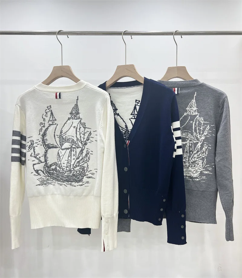

Sailboat Pattern Cardigans For Women, Grey Color Sweater , Long Sleeve Stripe Knitted Jackets, Casual Coat, 니트반팔여자 ,Traf