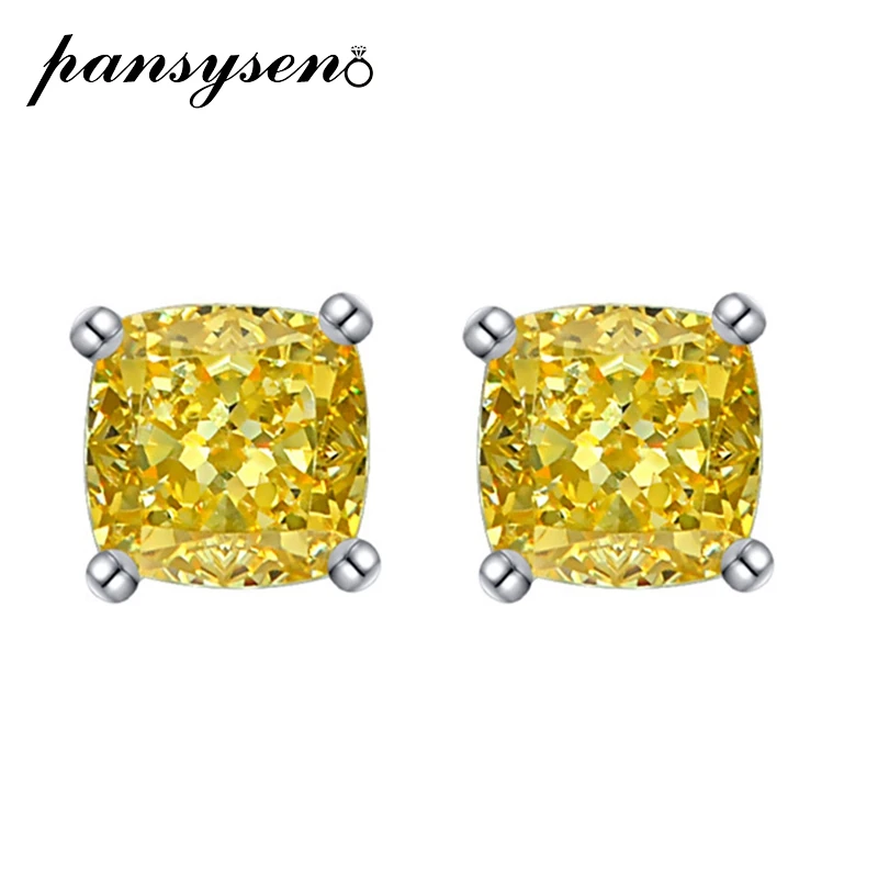 

PANSYSEN 100% 925 Sterling Silver 7MM Ice Cut Created Moissanite Citrine Engagement Fashion Ear Stud Earrings Women Fine Jewelry